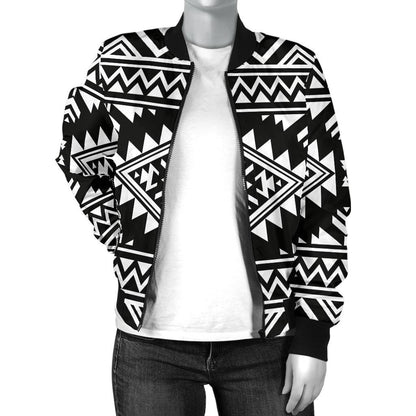 Aztec Black White Print Pattern Women Casual Bomber Jacket