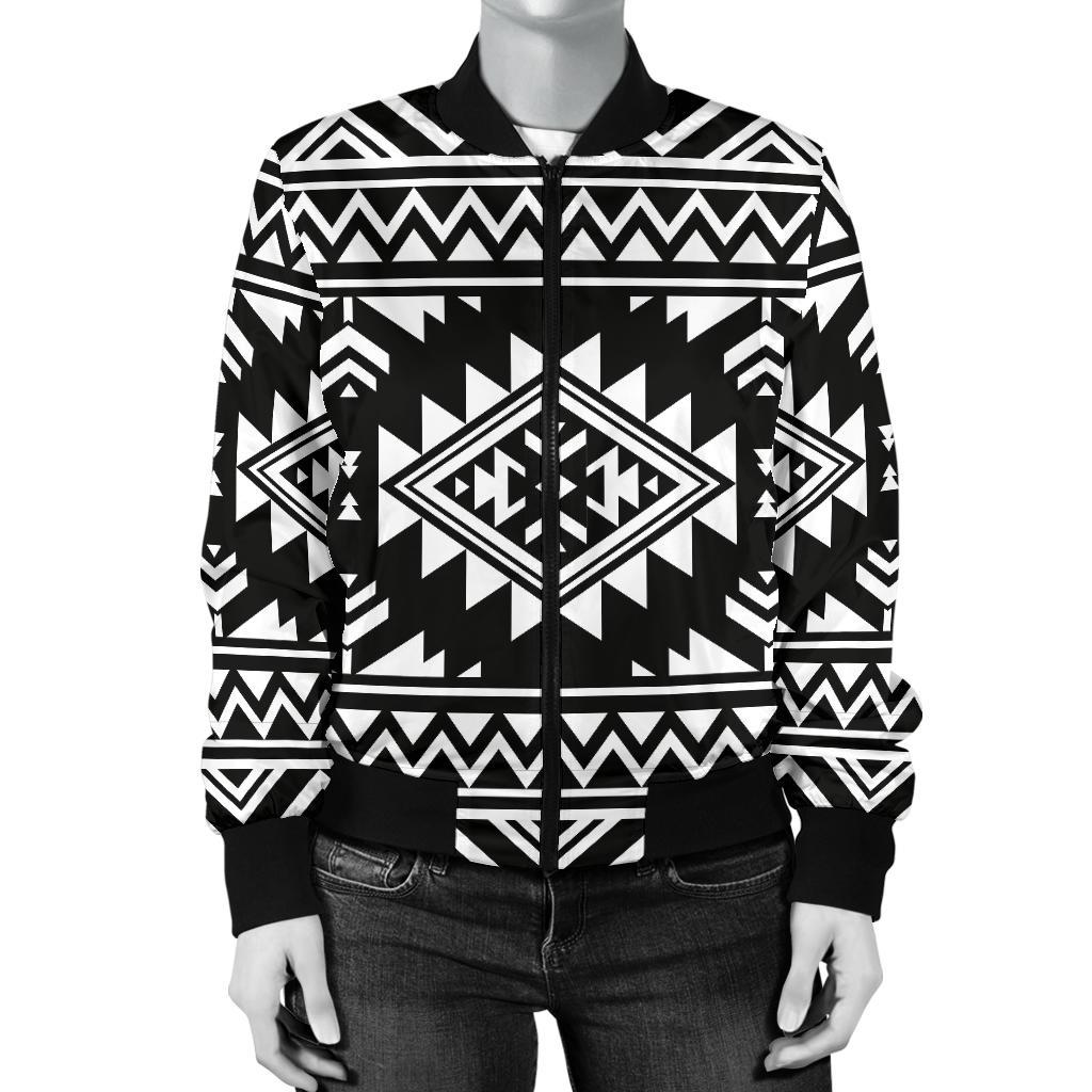 Aztec Black White Print Pattern Women Casual Bomber Jacket