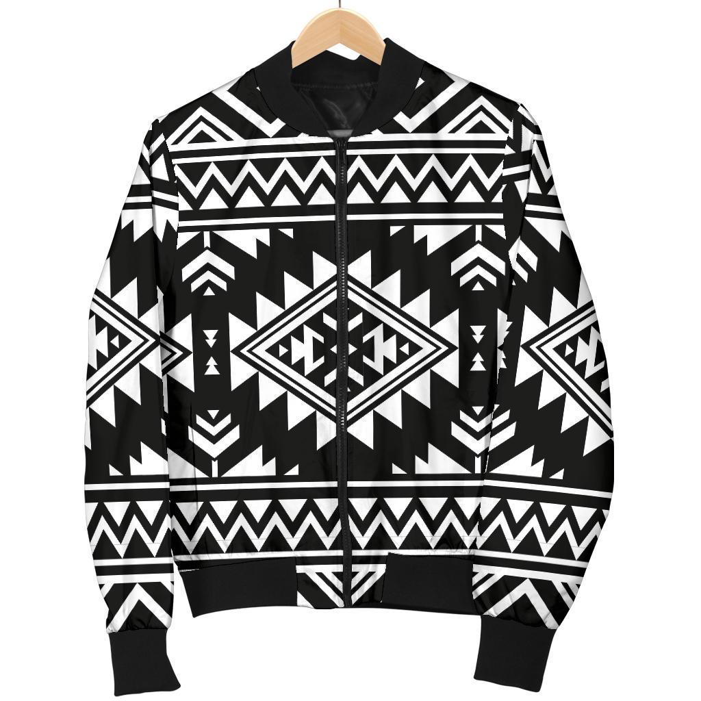 Aztec Black White Print Pattern Women Casual Bomber Jacket