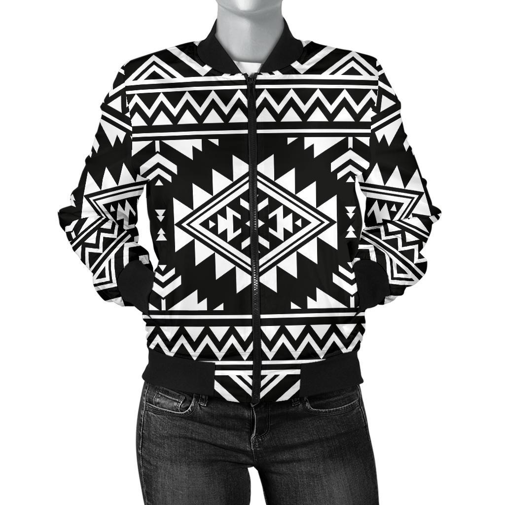 Aztec Black White Print Pattern Women Casual Bomber Jacket