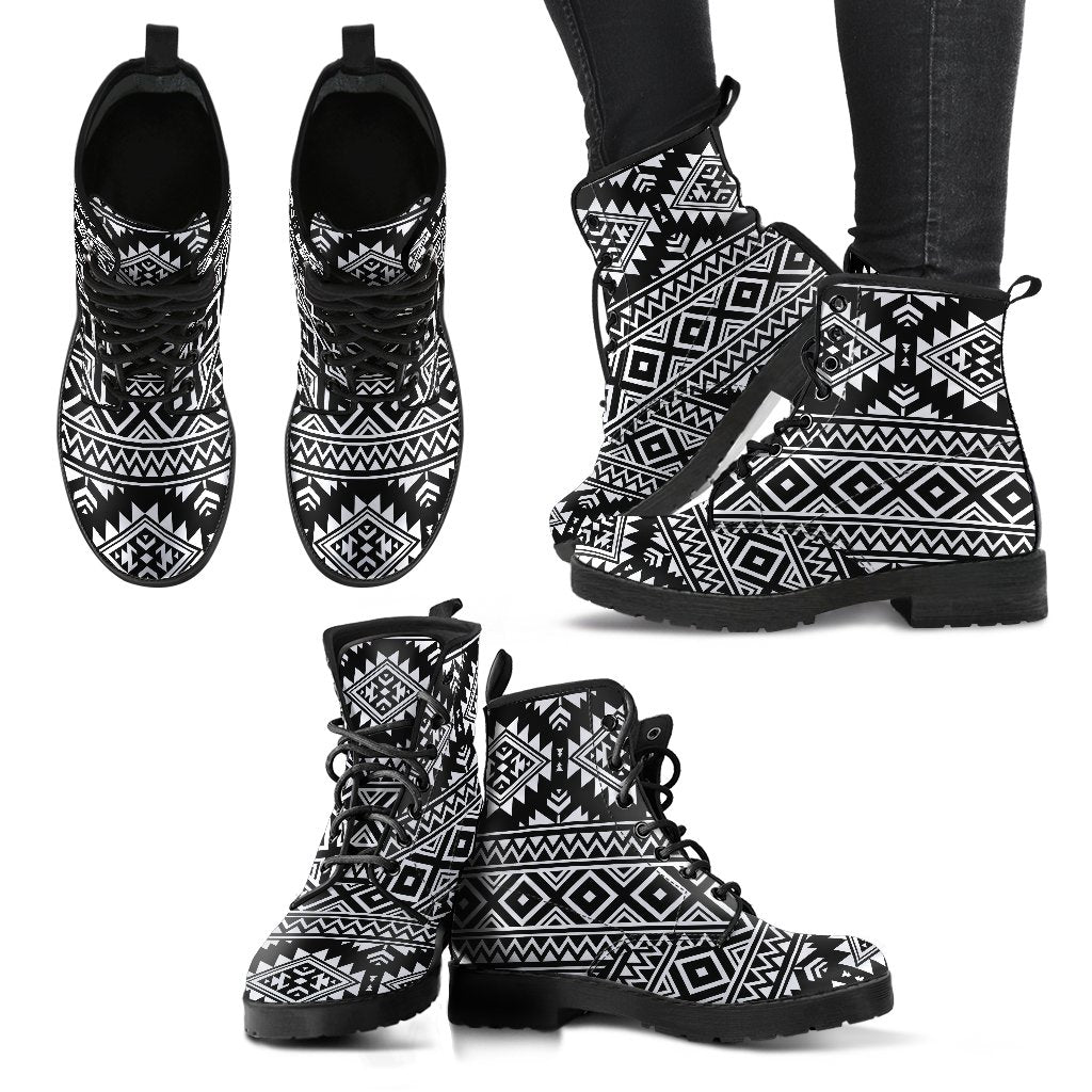 Aztec Black White Print Pattern Women Leather Boots-JTAMIGO.COM