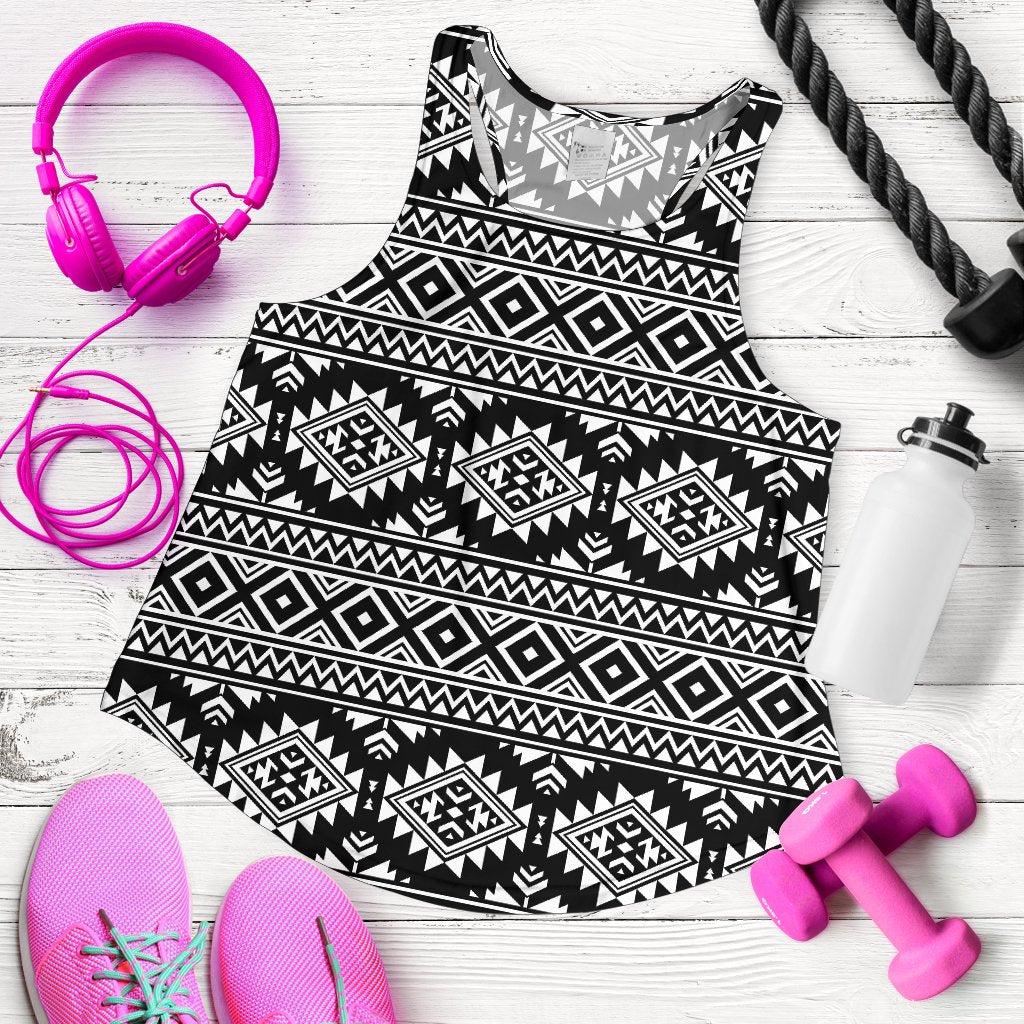 Aztec Black White Print Pattern Women Racerback Tank Top