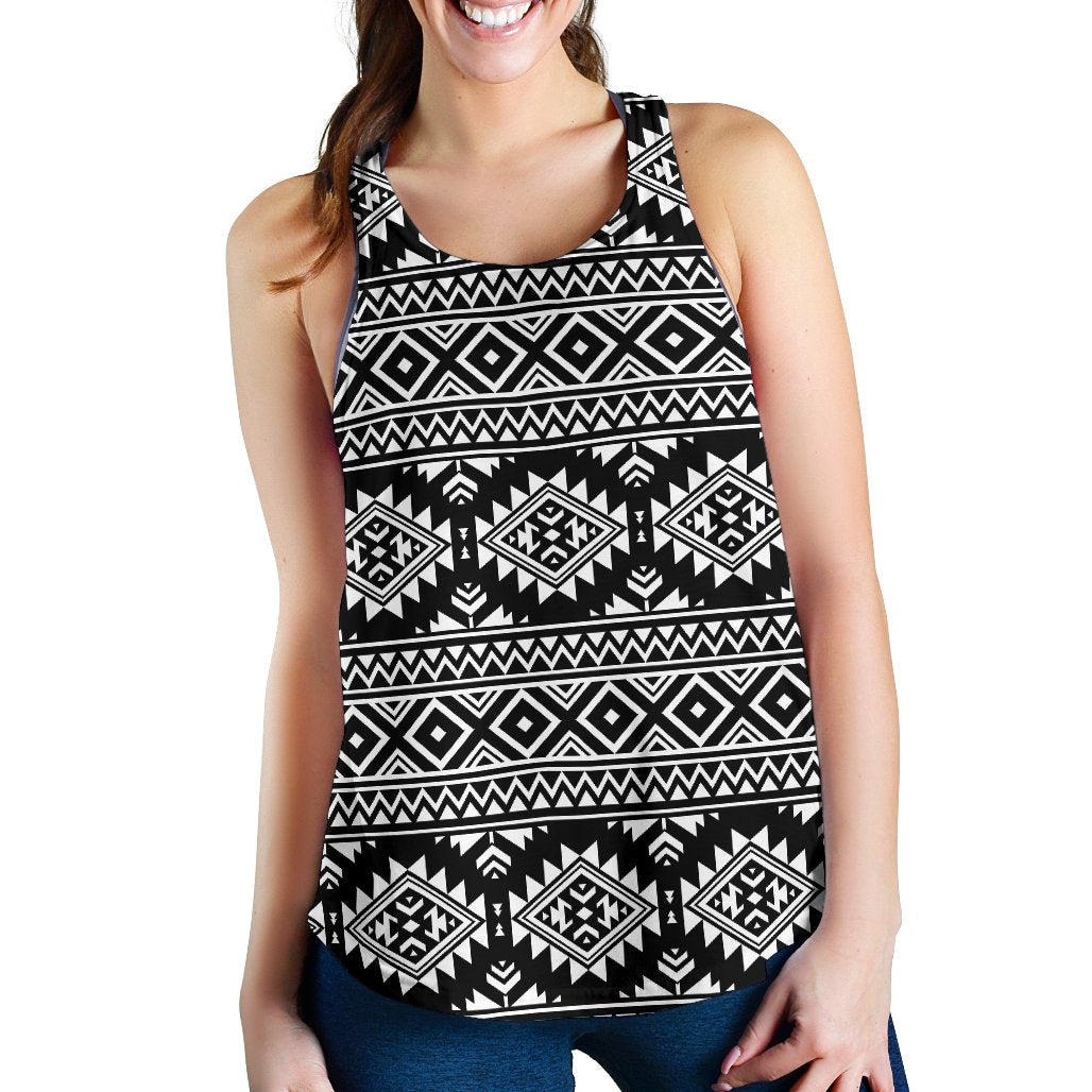Aztec Black White Print Pattern Women Racerback Tank Top