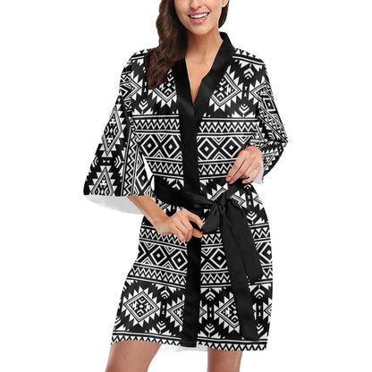 Aztec Black White Print Pattern Women Short Kimono Robe