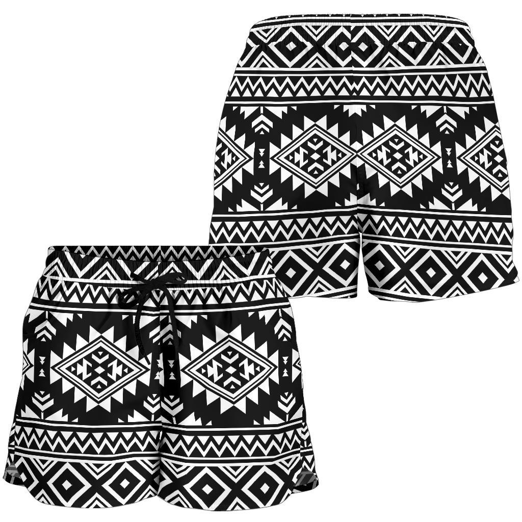 Aztec Black White Print Pattern Women Shorts-JTAMIGO.COM