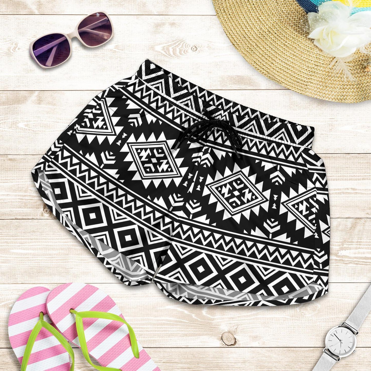 Aztec Black White Print Pattern Women Shorts-JTAMIGO.COM