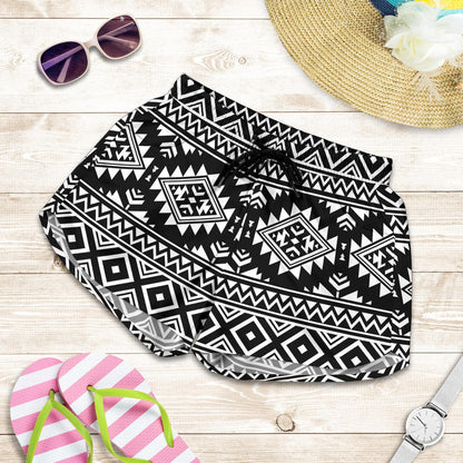 Aztec Black White Print Pattern Women Shorts-JTAMIGO.COM