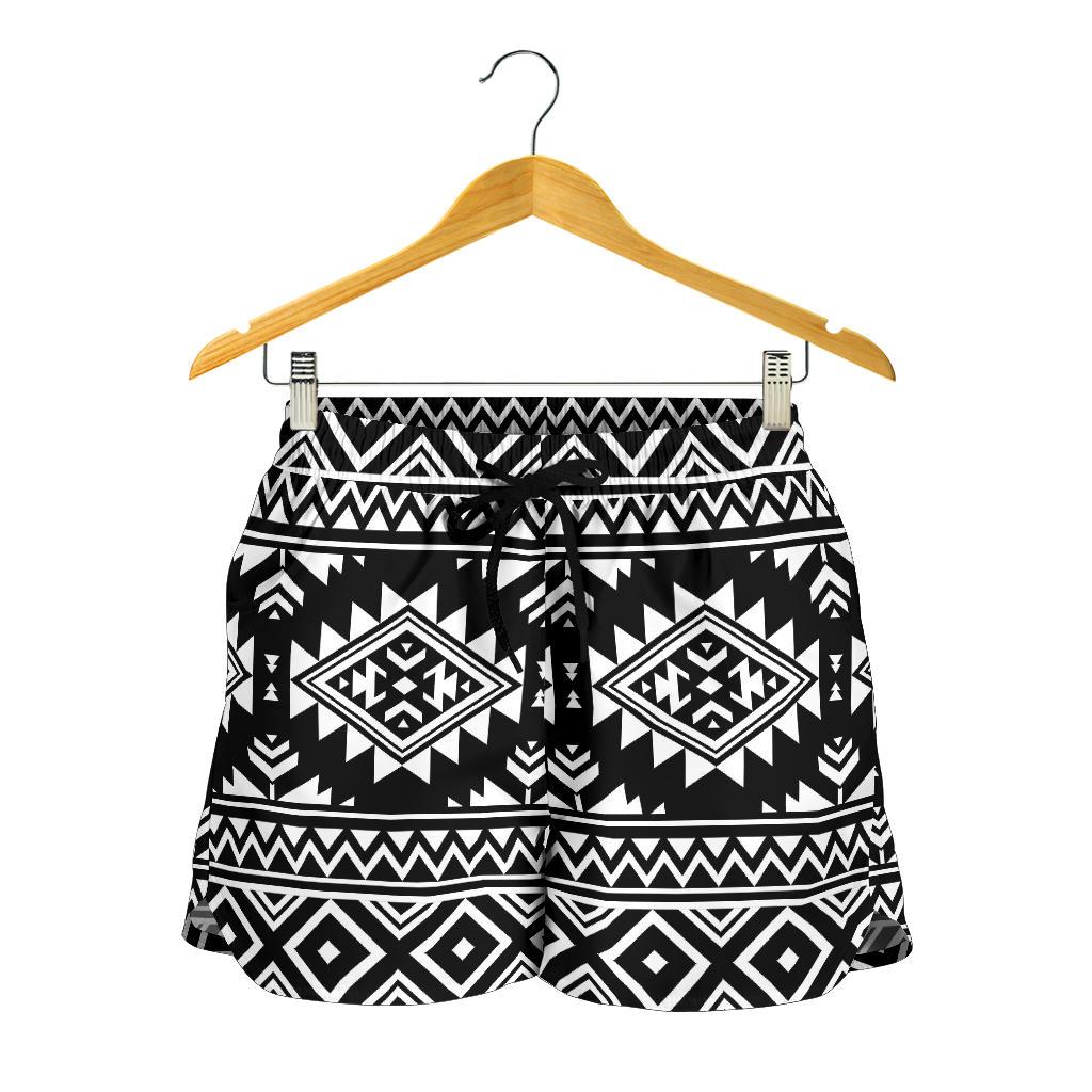 Aztec Black White Print Pattern Women Shorts-JTAMIGO.COM
