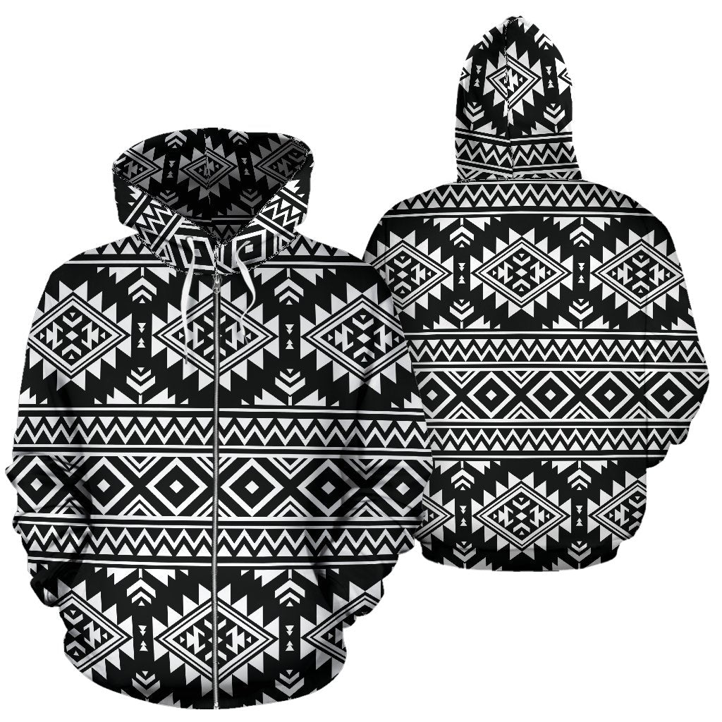 Aztec Black White Print Pattern Zip Up Hoodie