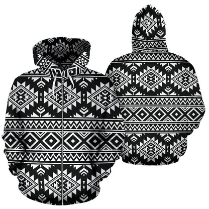 Aztec Black White Print Pattern Zip Up Hoodie