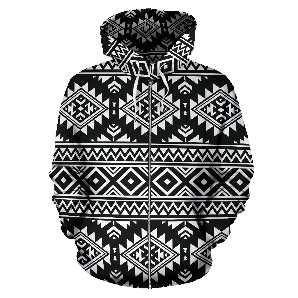 Aztec Black White Print Pattern Zip Up Hoodie