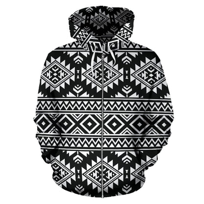 Aztec Black White Print Pattern Zip Up Hoodie