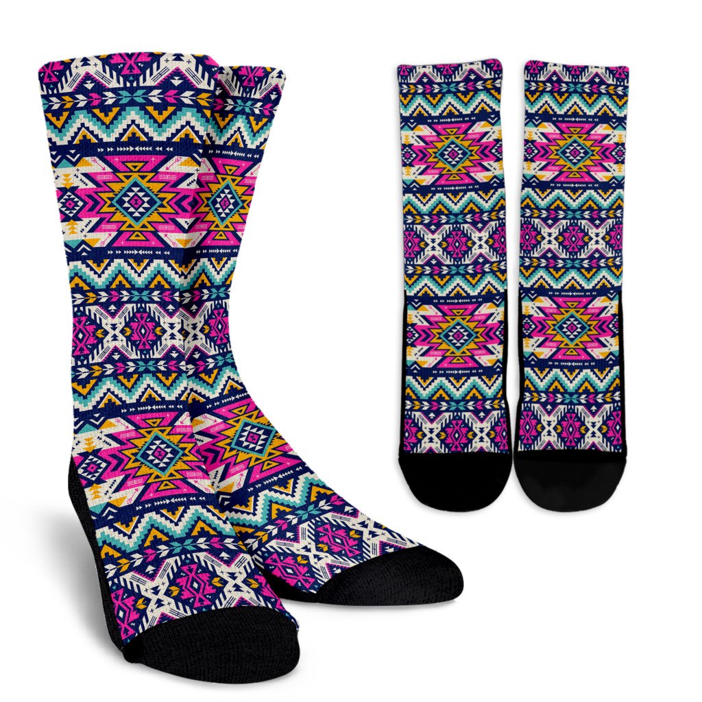 Aztec Pink Geometric Print Pattern Crew Socks