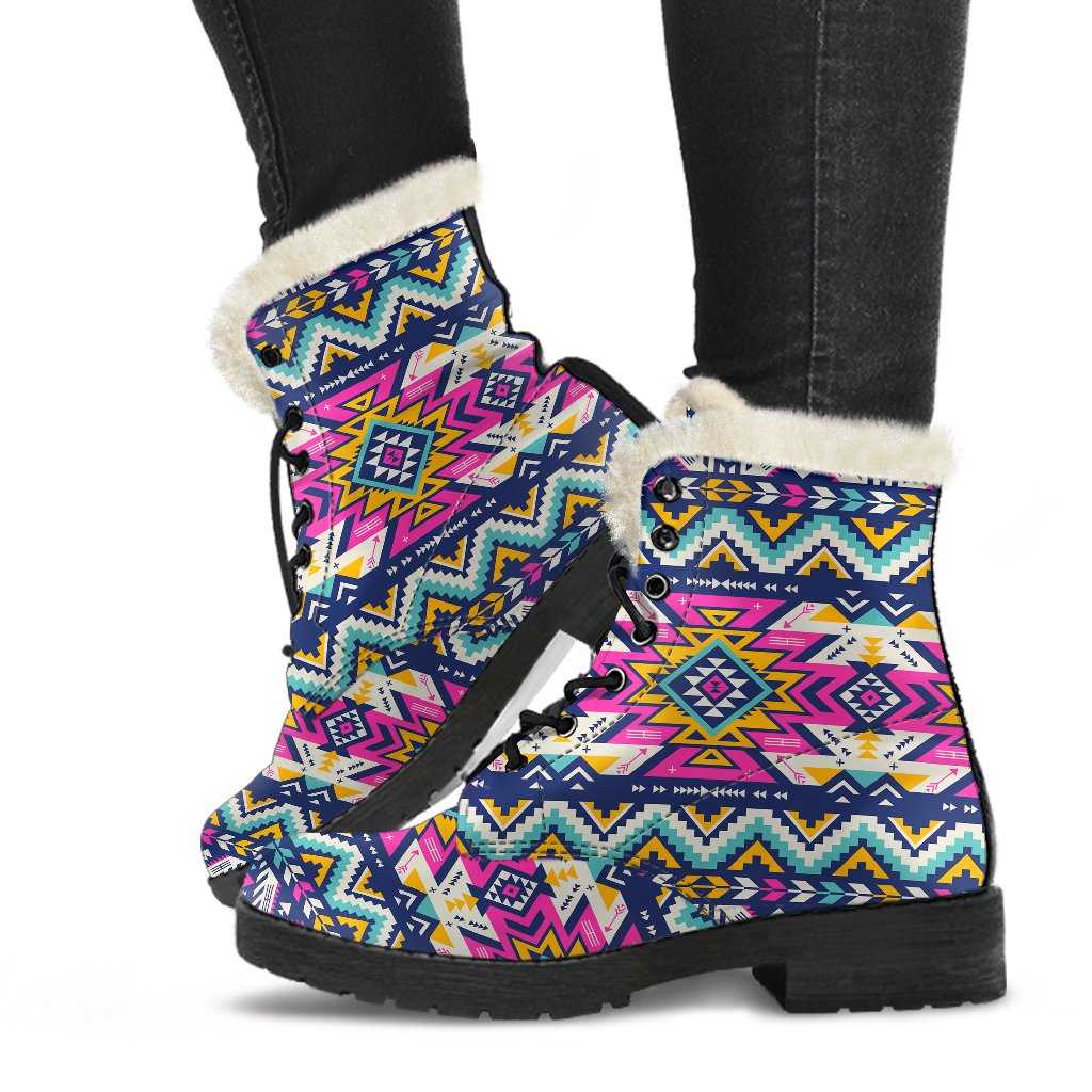 Aztec Pink Geometric Print Pattern Faux Fur Leather Boots-JTAMIGO.COM
