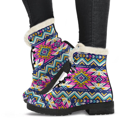 Aztec Pink Geometric Print Pattern Faux Fur Leather Boots-JTAMIGO.COM