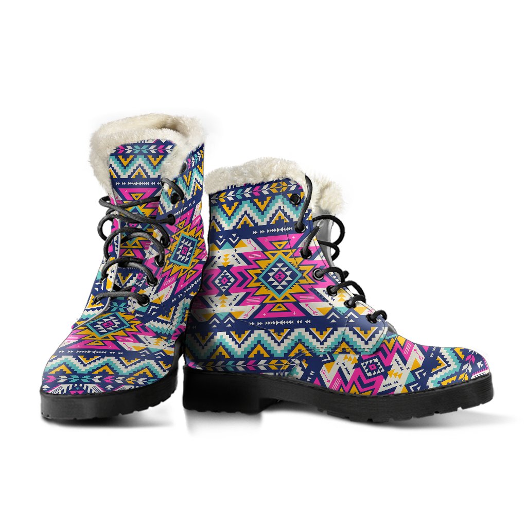 Aztec Pink Geometric Print Pattern Faux Fur Leather Boots-JTAMIGO.COM