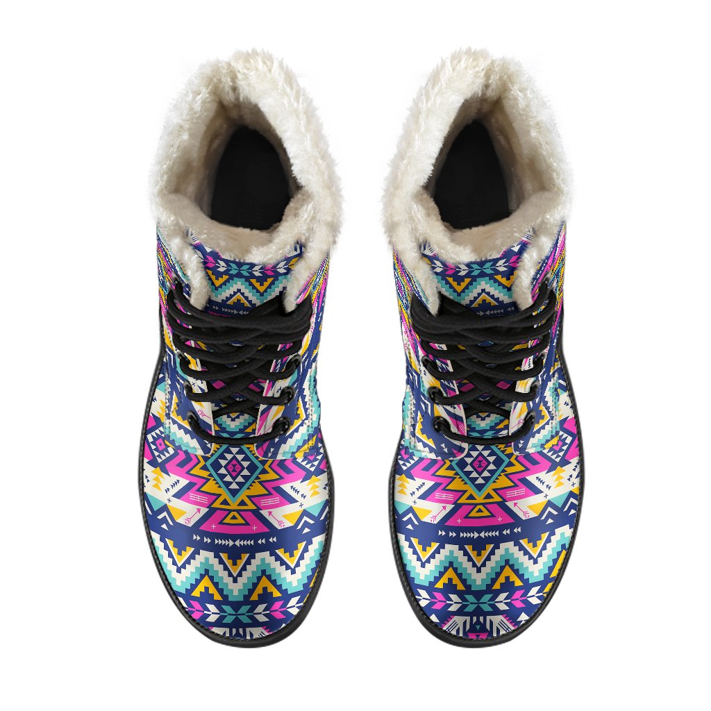 Aztec Pink Geometric Print Pattern Faux Fur Leather Boots-JTAMIGO.COM
