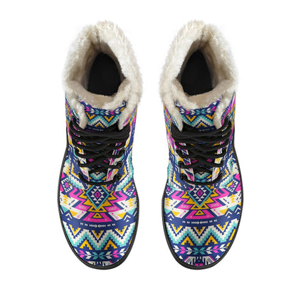 Aztec Pink Geometric Print Pattern Faux Fur Leather Boots-JTAMIGO.COM