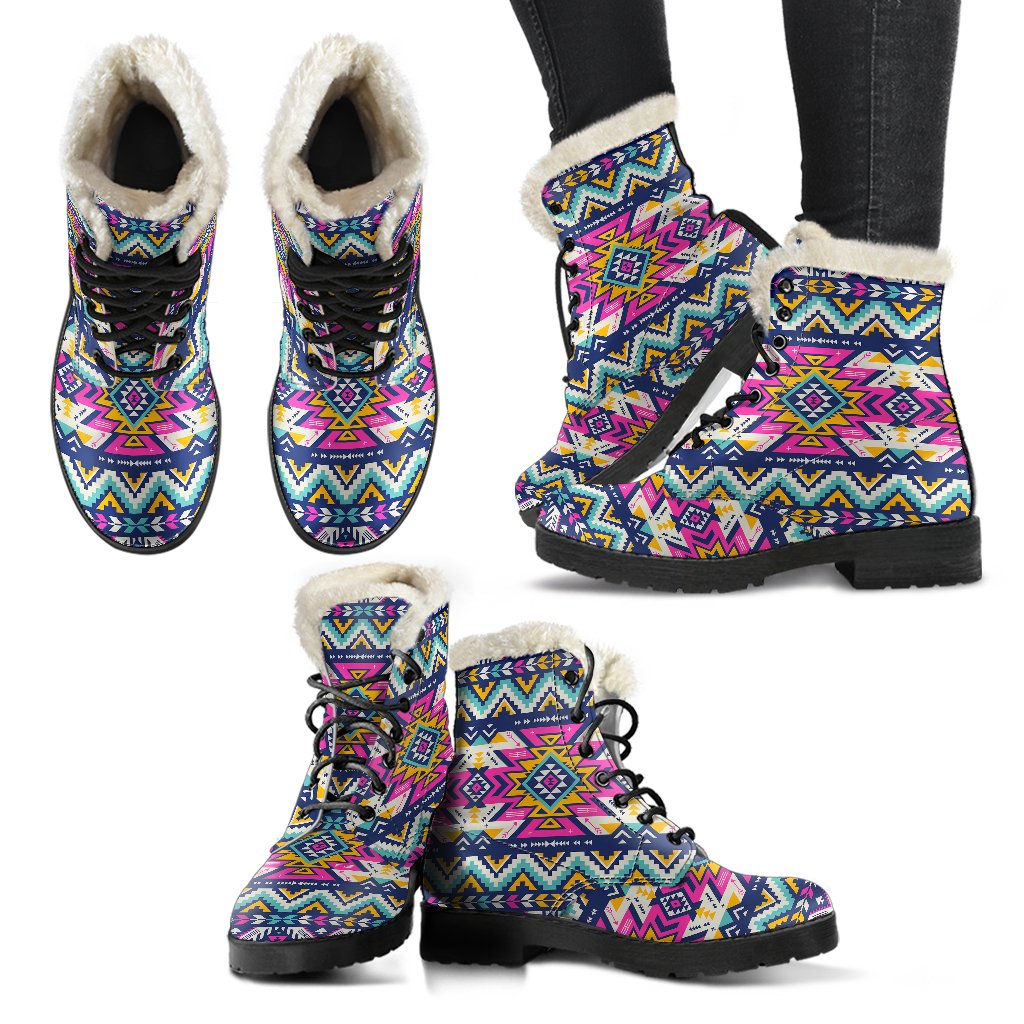 Aztec Pink Geometric Print Pattern Faux Fur Leather Boots-JTAMIGO.COM
