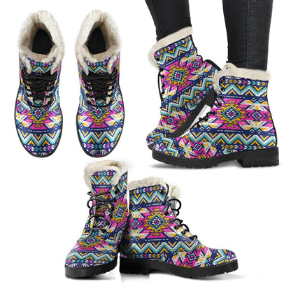 Aztec Pink Geometric Print Pattern Faux Fur Leather Boots-JTAMIGO.COM