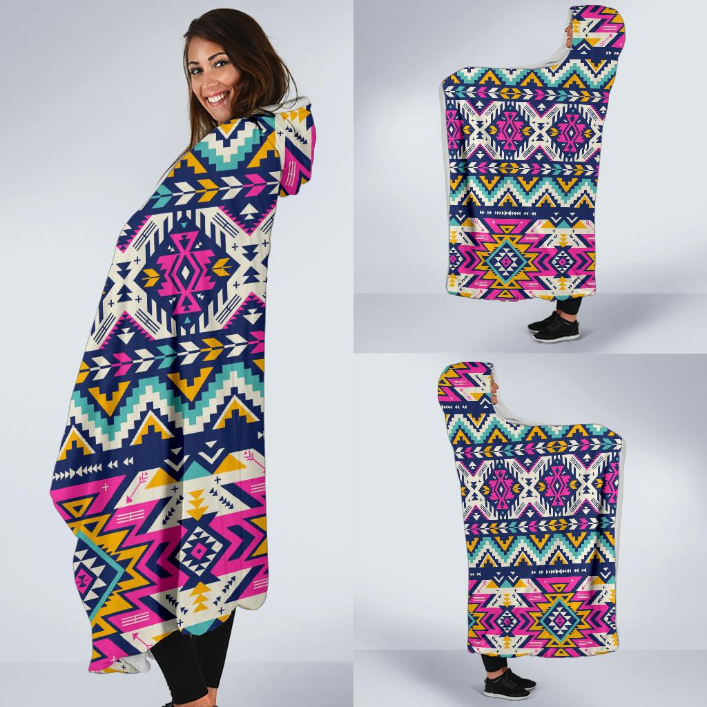 Aztec Pink Geometric Print Pattern Hooded Blanket-JTAMIGO.COM