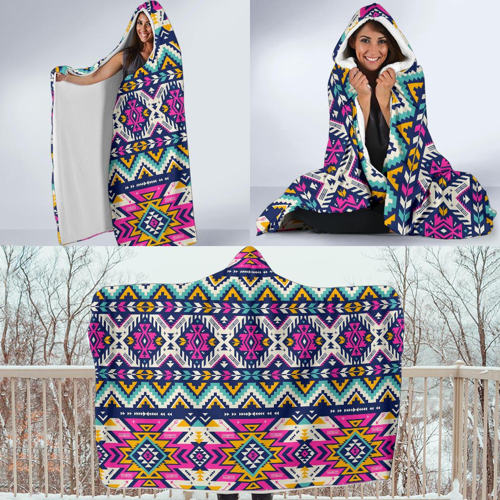 Aztec Pink Geometric Print Pattern Hooded Blanket-JTAMIGO.COM