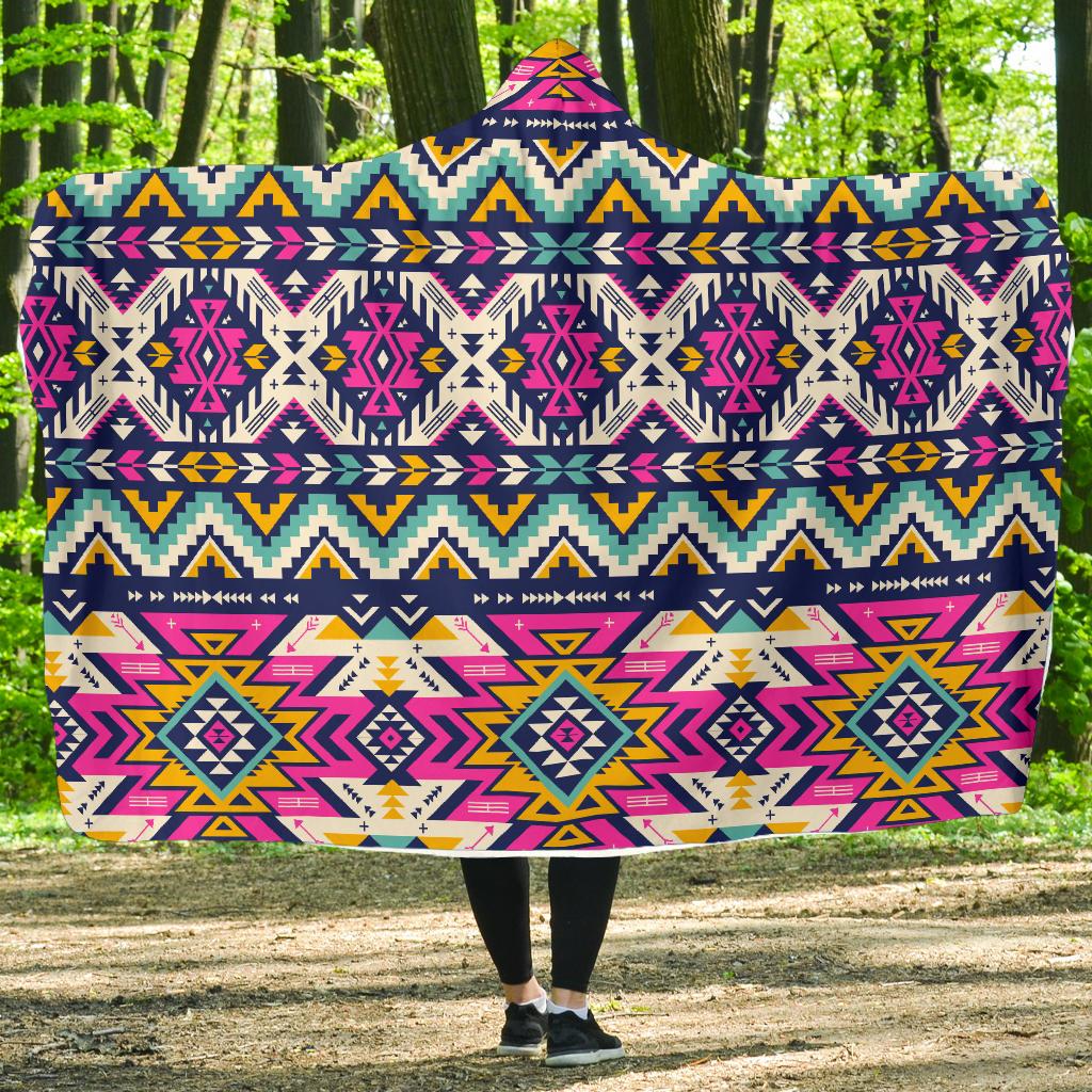 Aztec Pink Geometric Print Pattern Hooded Blanket-JTAMIGO.COM