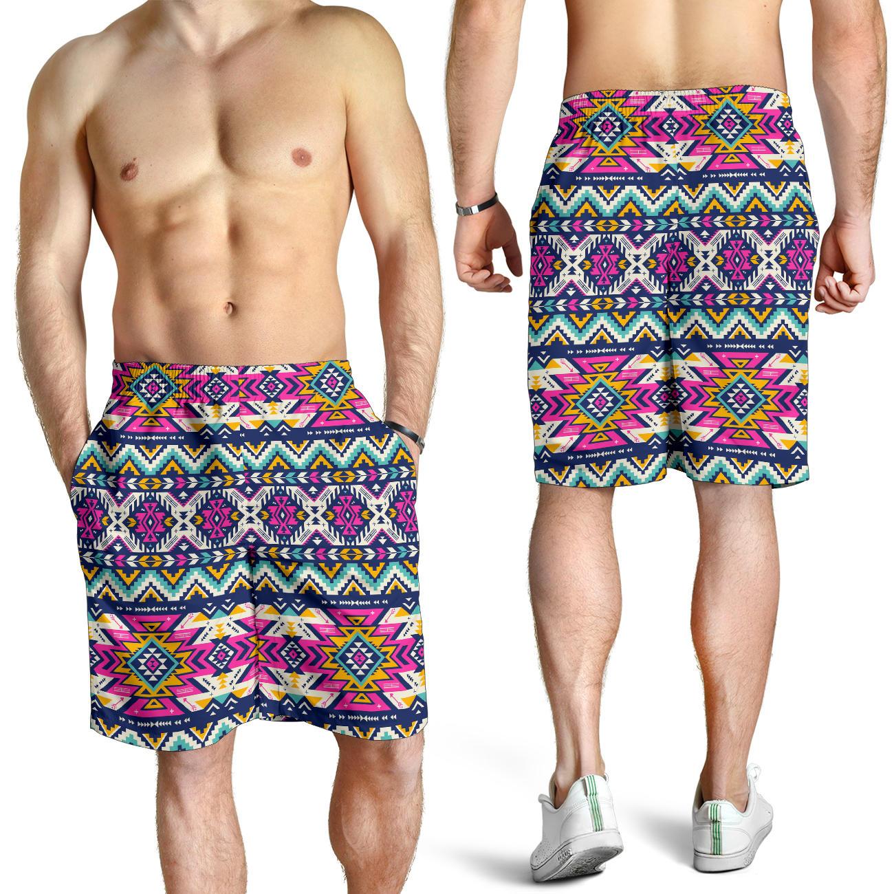 Aztec Pink Geometric Print Pattern Mens Shorts-JTAMIGO.COM