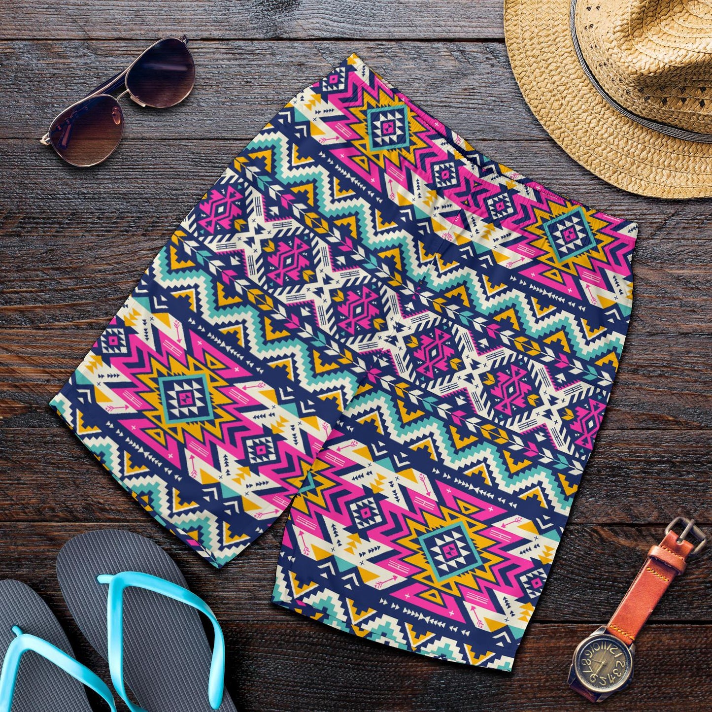 Aztec Pink Geometric Print Pattern Mens Shorts-JTAMIGO.COM