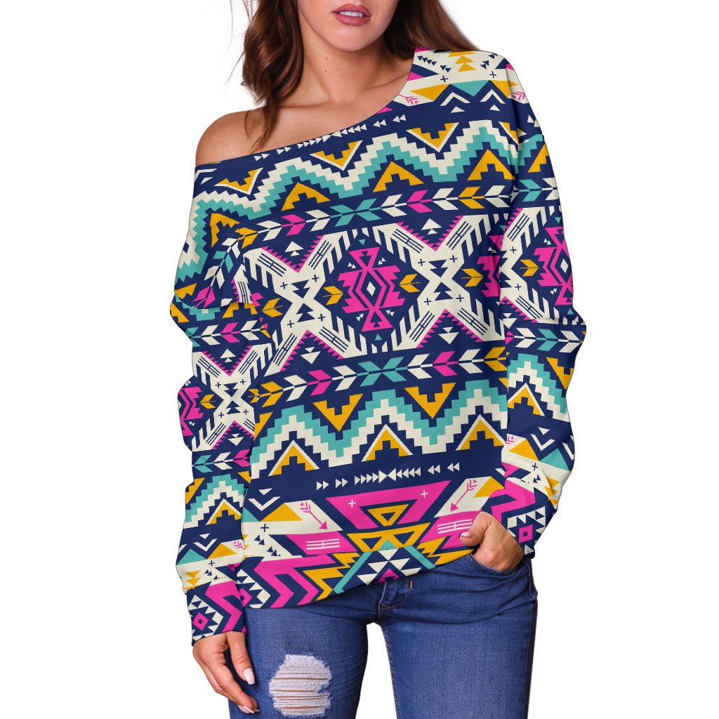 Aztec Pink Geometric Print Pattern Off Shoulder Sweatshirt