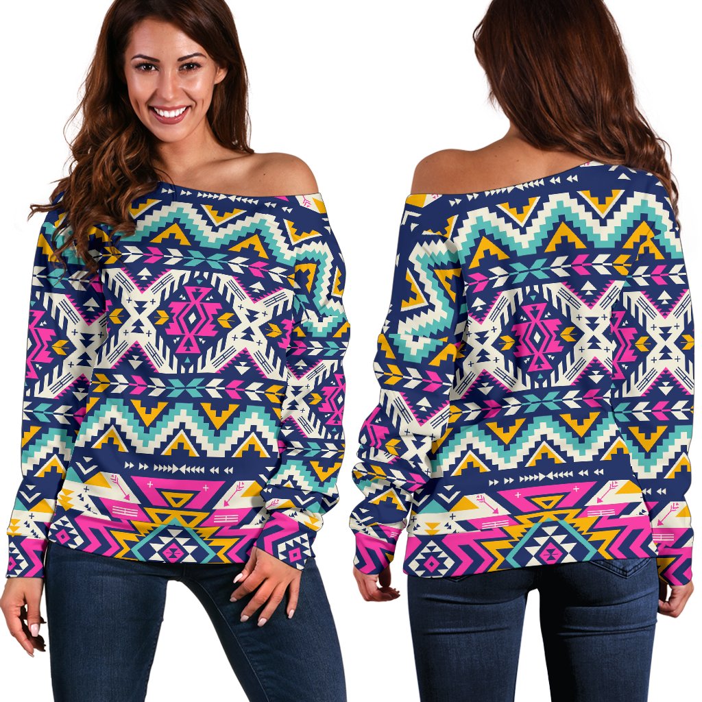 Aztec Pink Geometric Print Pattern Off Shoulder Sweatshirt
