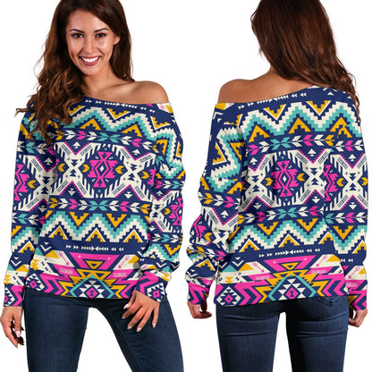 Aztec Pink Geometric Print Pattern Off Shoulder Sweatshirt