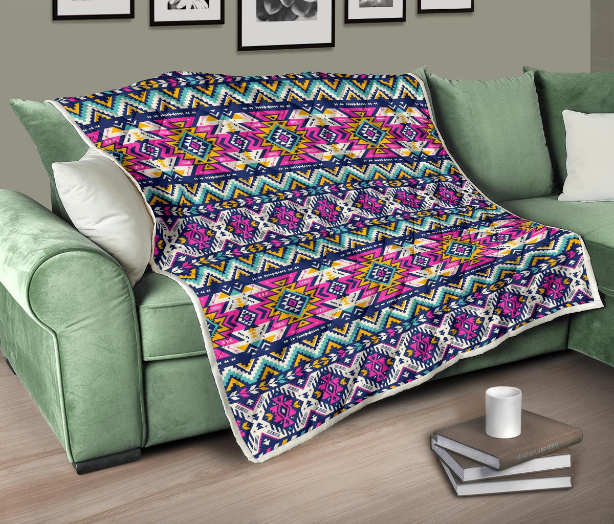 Aztec Pink Geometric Print Pattern Premium Quilt-JTAMIGO.COM