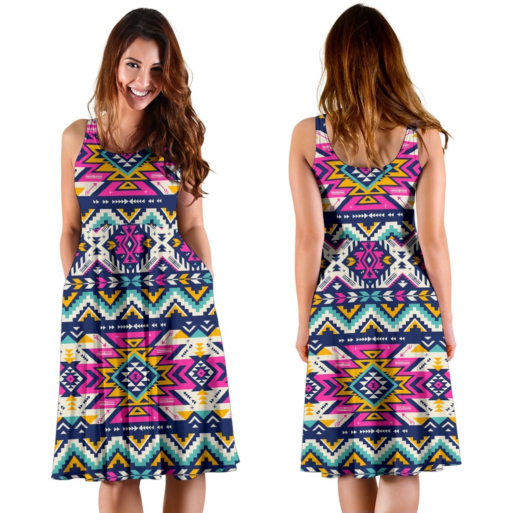 Aztec Pink Geometric Print Pattern Sleeveless Dress