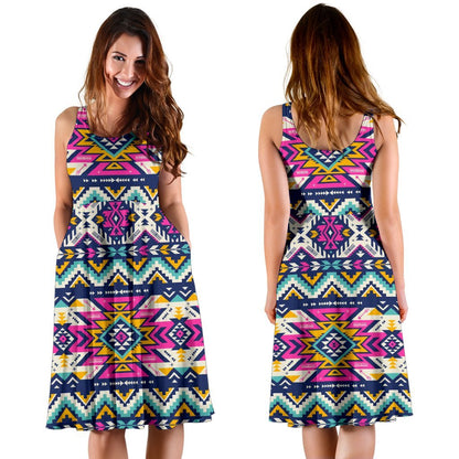 Aztec Pink Geometric Print Pattern Sleeveless Dress