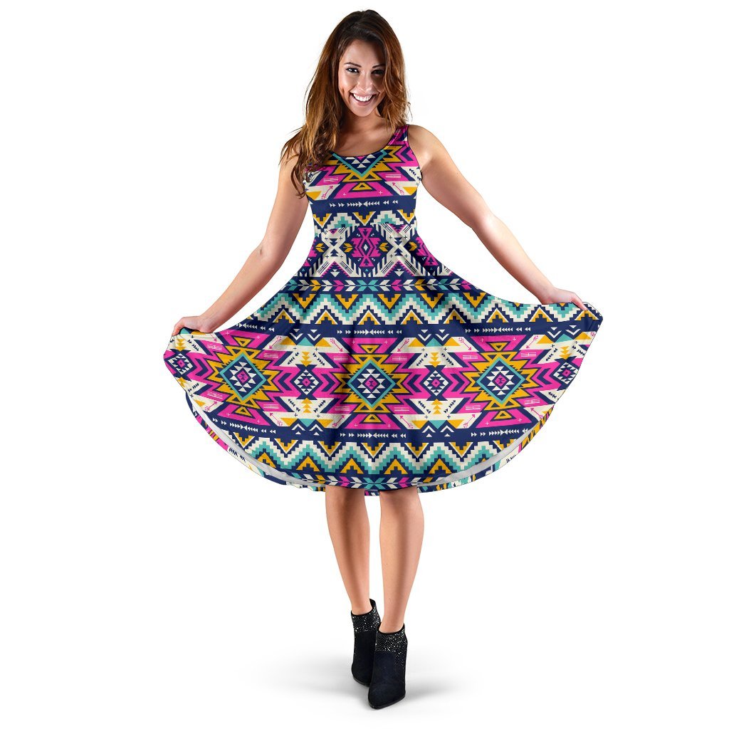Aztec Pink Geometric Print Pattern Sleeveless Dress