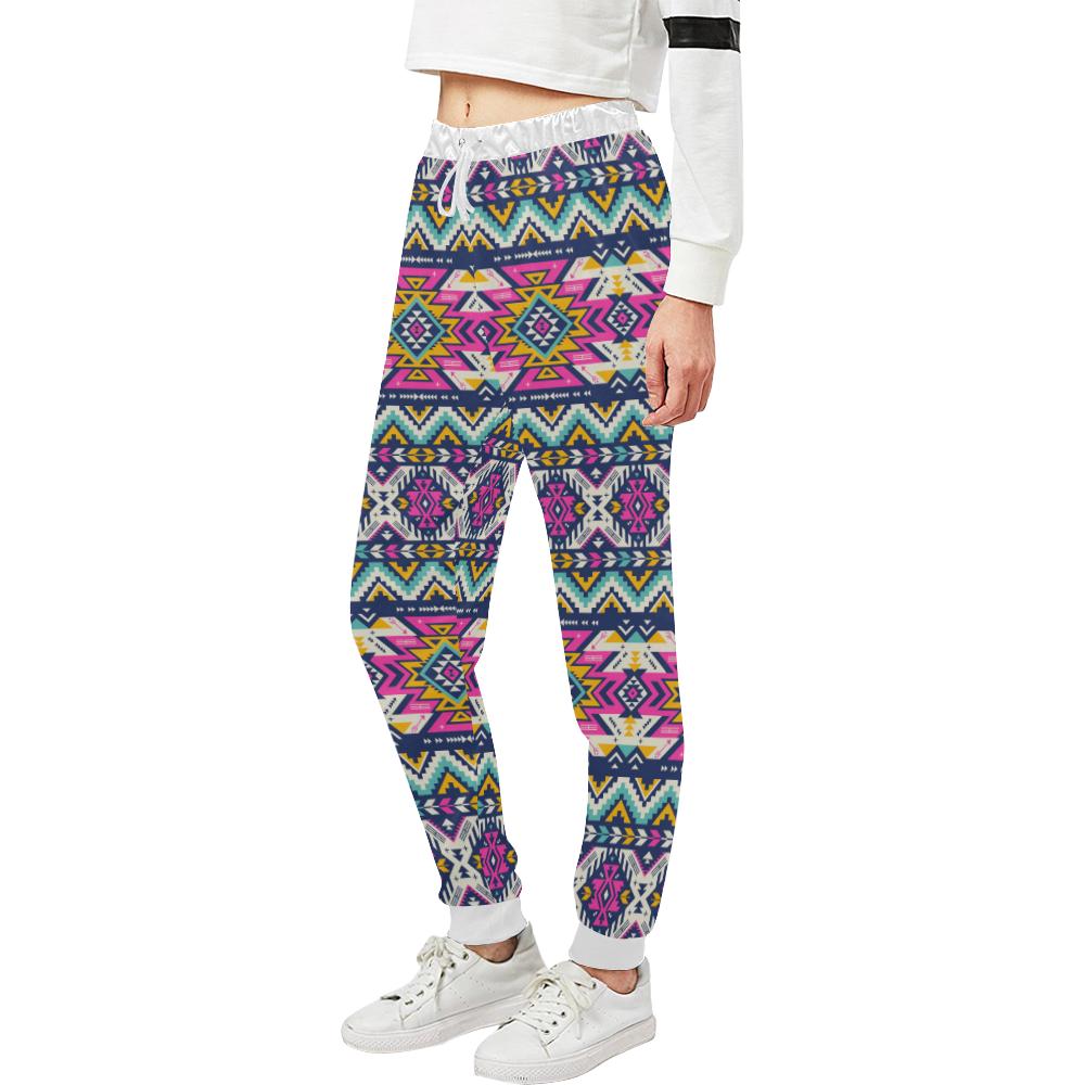 Aztec Pink Geometric Print Pattern Unisex Casual Sweatpants (Model L11)-JTAMIGO.COM