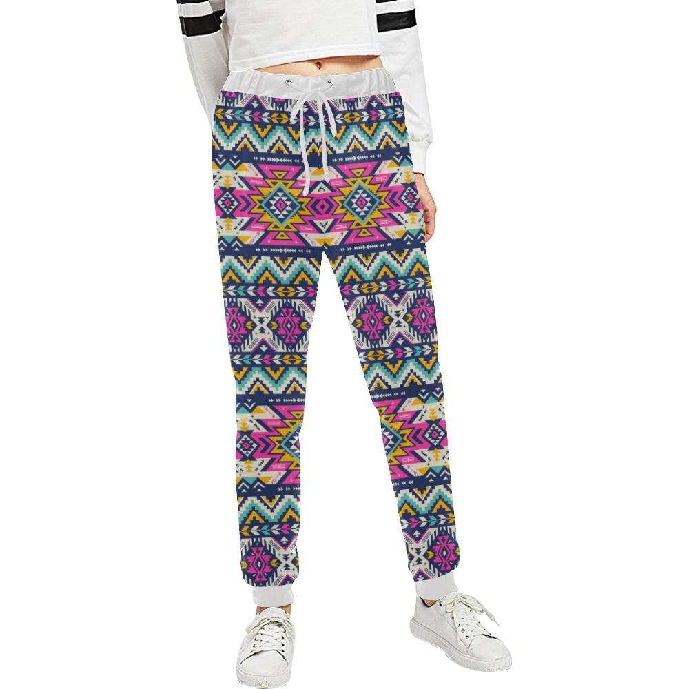 Aztec Pink Geometric Print Pattern Unisex Casual Sweatpants (Model L11)-JTAMIGO.COM