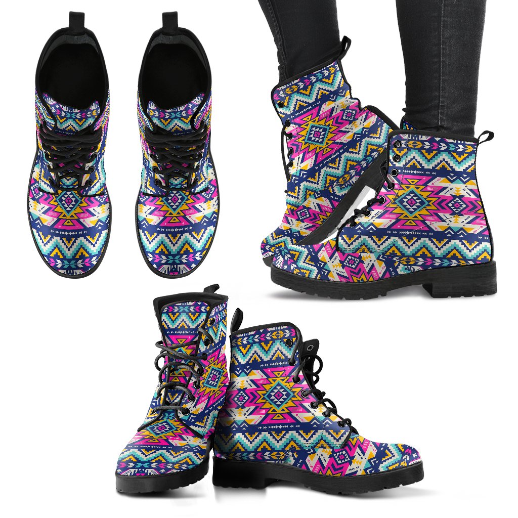 Aztec Pink Geometric Print Pattern Women Leather Boots-JTAMIGO.COM