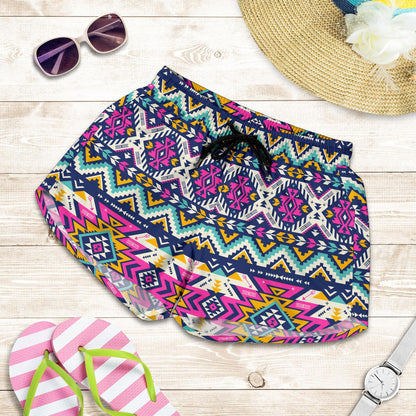 Aztec Pink Geometric Print Pattern Women Shorts-JTAMIGO.COM