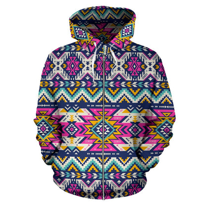 Aztec Pink Geometric Print Pattern Zip Up Hoodie