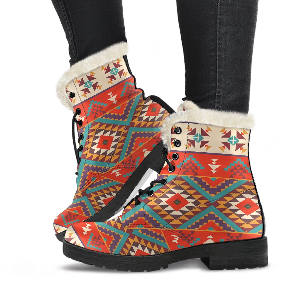 Aztec Red Print Pattern Faux Fur Leather Boots-JTAMIGO.COM