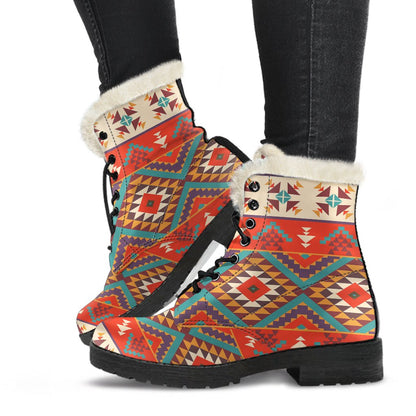 Aztec Red Print Pattern Faux Fur Leather Boots-JTAMIGO.COM