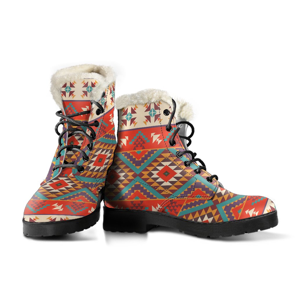 Aztec Red Print Pattern Faux Fur Leather Boots-JTAMIGO.COM