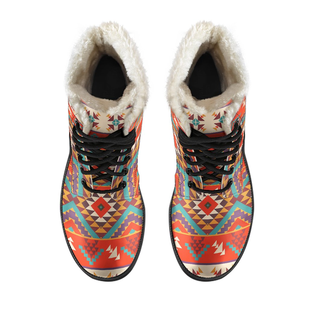 Aztec Red Print Pattern Faux Fur Leather Boots-JTAMIGO.COM