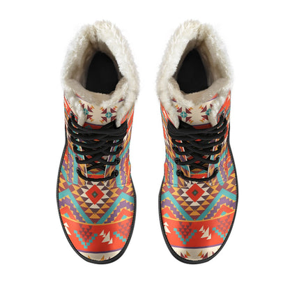 Aztec Red Print Pattern Faux Fur Leather Boots-JTAMIGO.COM