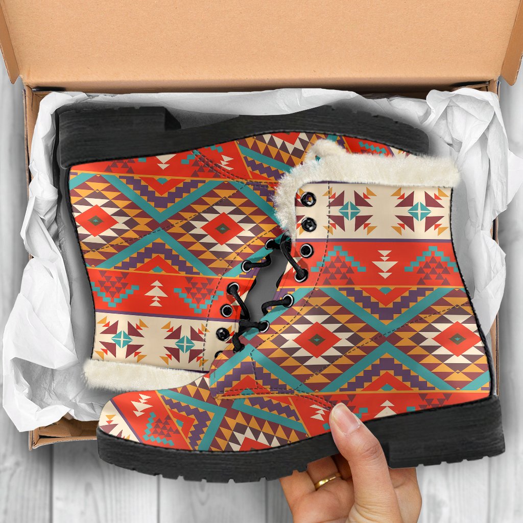 Aztec Red Print Pattern Faux Fur Leather Boots-JTAMIGO.COM