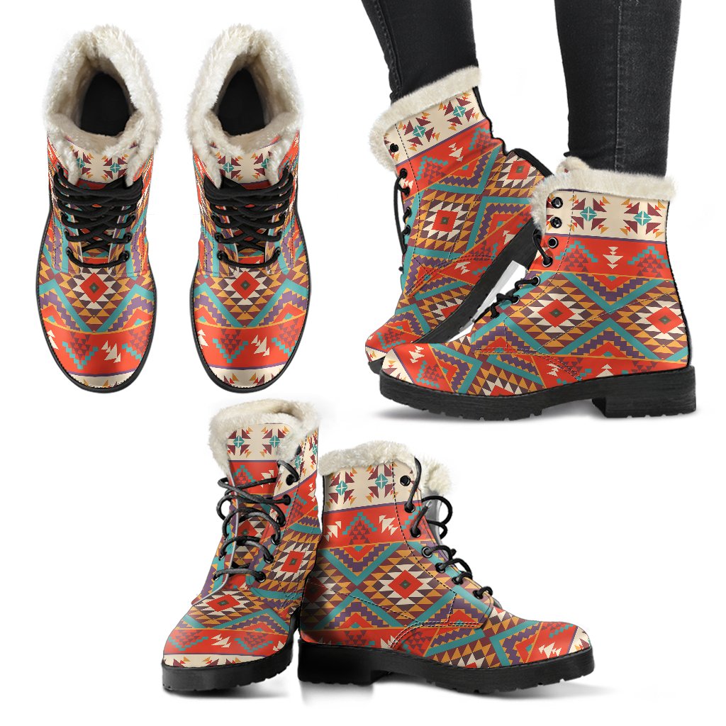 Aztec Red Print Pattern Faux Fur Leather Boots-JTAMIGO.COM