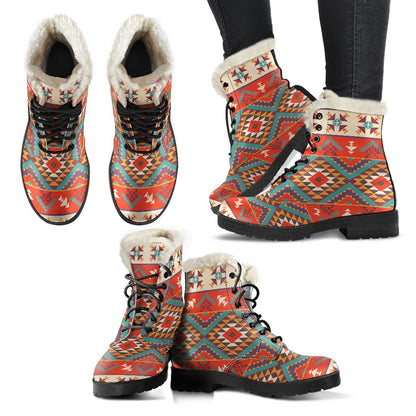 Aztec Red Print Pattern Faux Fur Leather Boots-JTAMIGO.COM