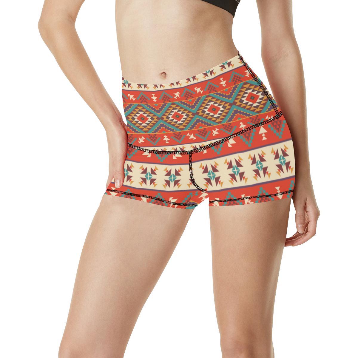 Aztec Red Print Pattern High Waisted Spandex Shorts-JTAMIGO.COM